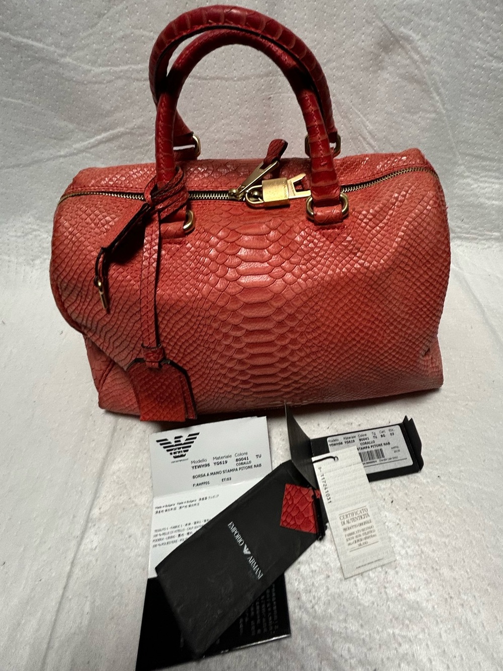 Emporio Armani Red salmon Faux Python  leather with Gold Hardware bag